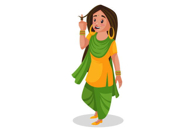 Punjabi girl rolling her hair flicks with the finger  Illustration