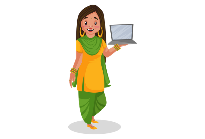 Punjabi girl showing a laptop for advertisement  Illustration