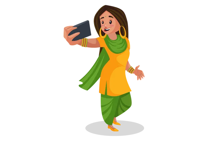 Punjabi girl taking selfies on the mobile  Illustration