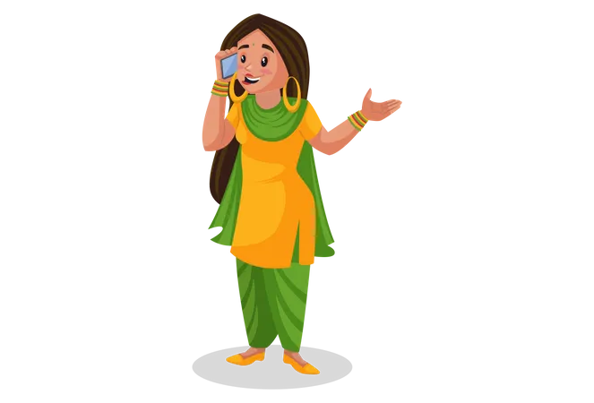 Punjabi girl talking on a mobile phone Illustration