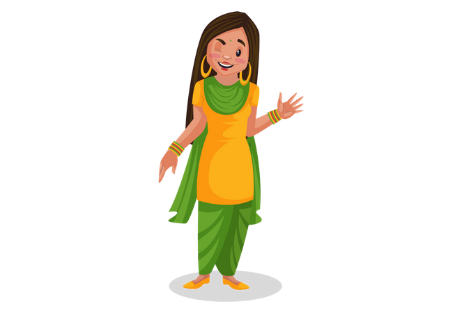 Punjabi girl waving hand and blinking eye Illustration