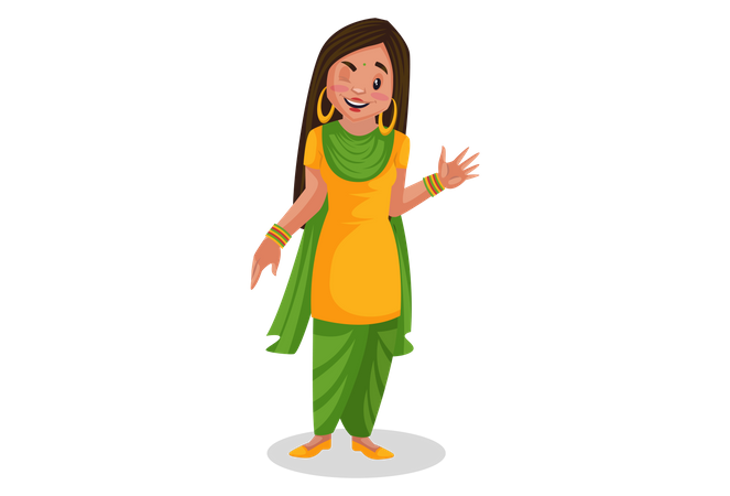 Punjabi girl waving hand and blinking eye  Illustration