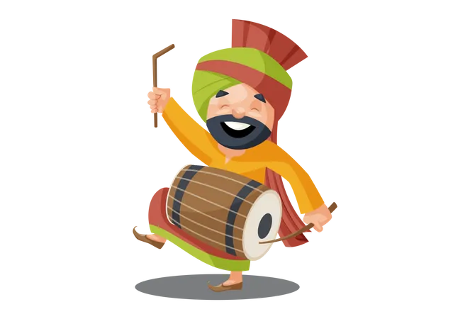 Homem Punjabi está jogando dhol  Ilustração