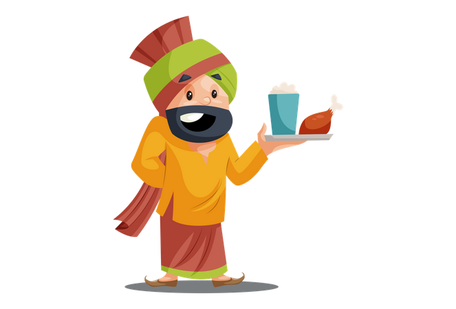 Homem Punjabi está segurando um prato de comida na mão  Ilustração