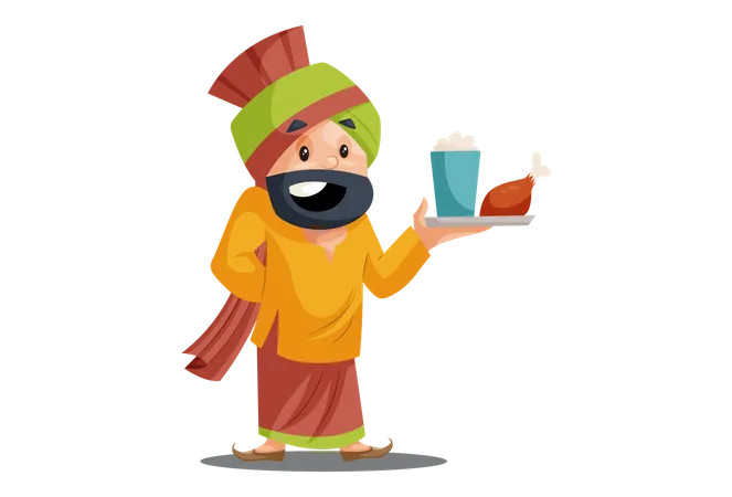 Homem Punjabi está segurando um prato de comida na mão  Ilustração