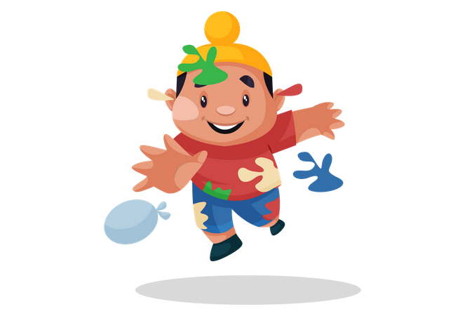 Punjabi kid playing Holi with watercolor balloons  Illustration