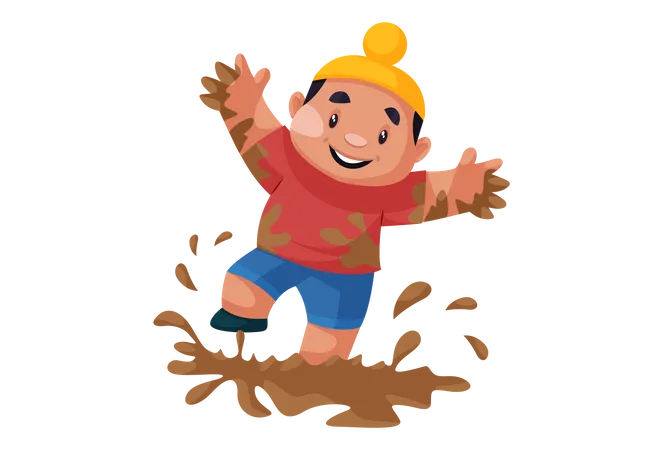 Punjabi kid playing in the mud Illustration
