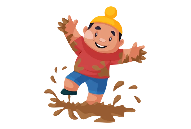 Punjabi kid playing in the mud  Illustration