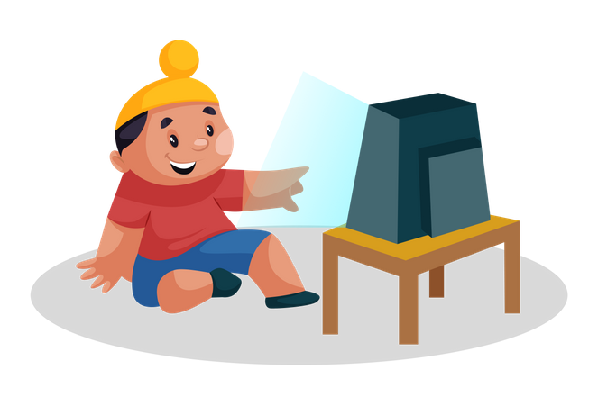 Punjabi kid sitting on the floor and watching television  Illustration