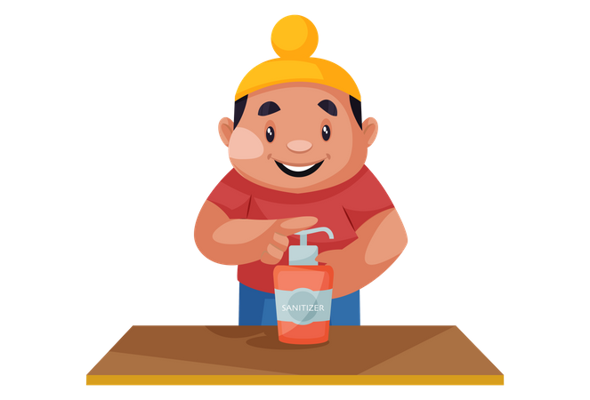 Punjabi kid using sanitizer  Illustration