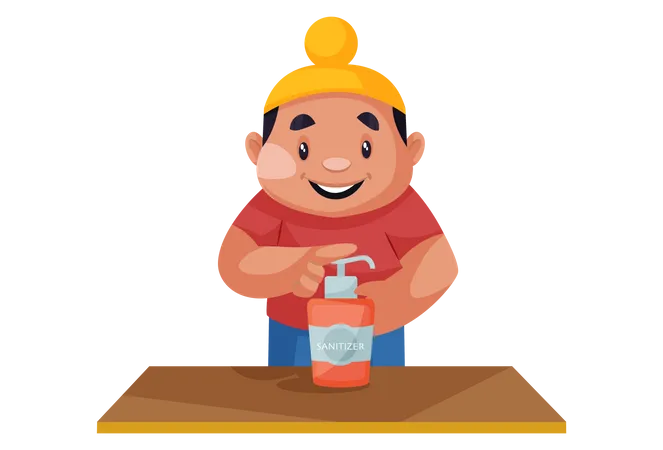 Punjabi kid using sanitizer  Illustration