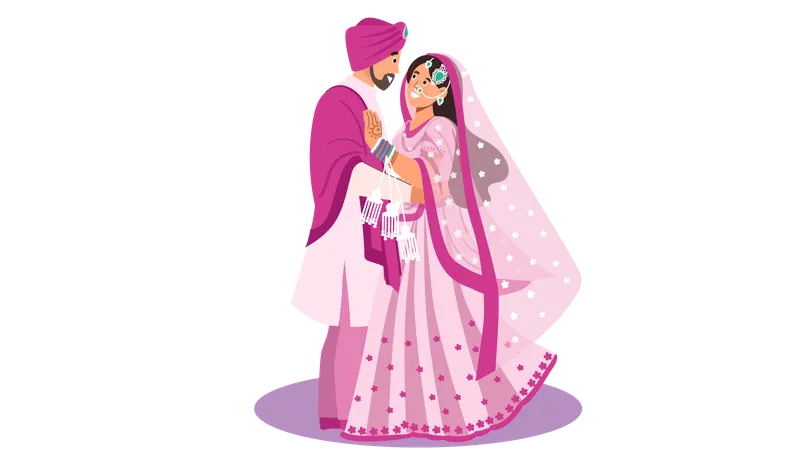 Les mariés punjabi donnent une pose de couple lors d'une cérémonie de mariage  Illustration