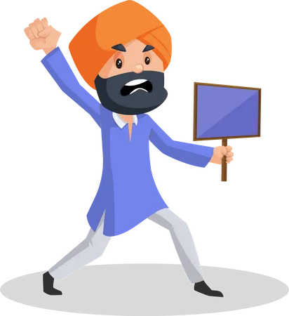 Punjabi man is angry and holding sign board in hand and shouting  Illustration