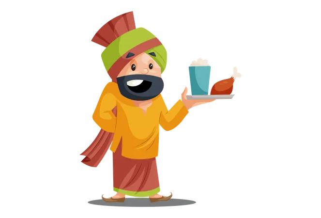 Punjabi man is holding plate of food in his hand  Illustration