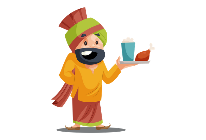 Punjabi man is holding plate of food in his hand  イラスト