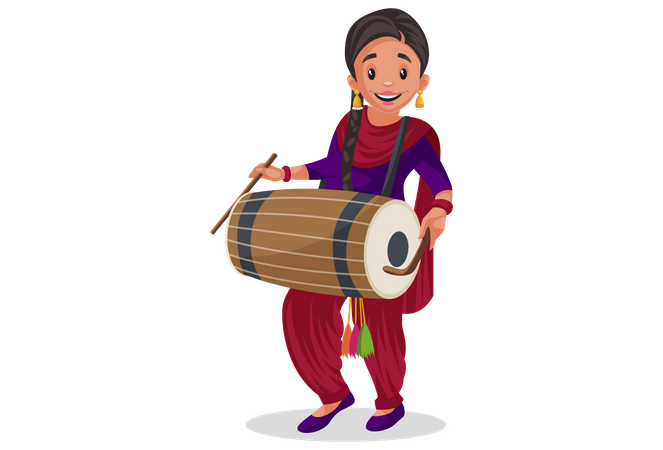 Chica punjabi tocando el tambor  Ilustración