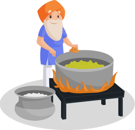Punjabi old man making food in big pot Illustration
