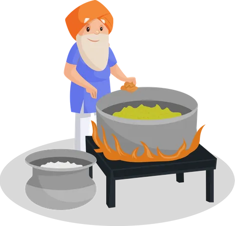 Punjabi old man making food in big pot Illustration