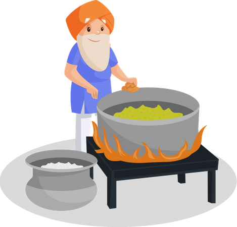 Punjabi old man making food in big pot  Illustration