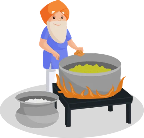 Punjabi old man making food in big pot  Illustration