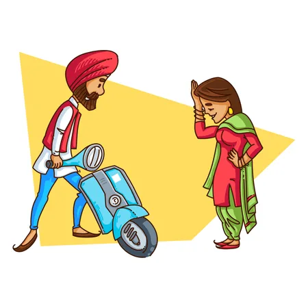 Punjabi sardar reparando su scooter mientras viajaba con su esposa  Ilustración