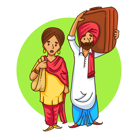 Punjabi village man going to city with his wife  Illustration