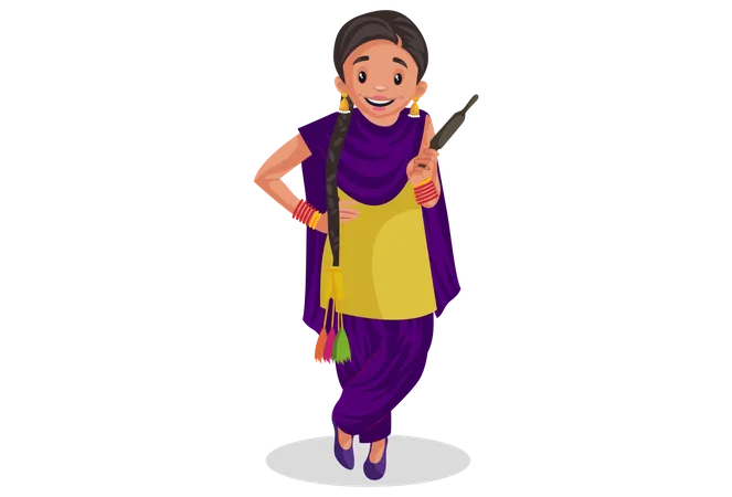 Punjabi woman holding roller pin Illustration
