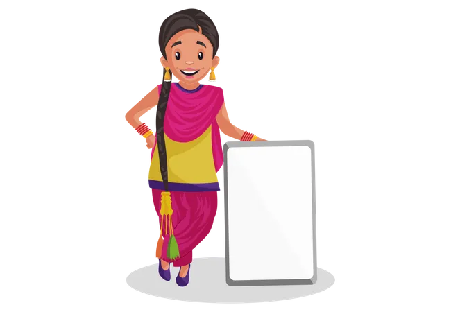 Punjabi woman standing near blank board Illustration