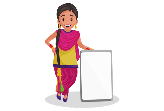 Punjabi woman standing near blank board  Illustration