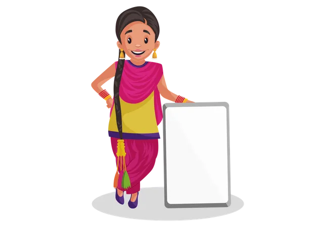 Punjabi woman standing near blank board  Illustration