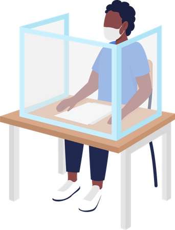 Pupil boy in mask at lesson semi flat color vector character  Illustration