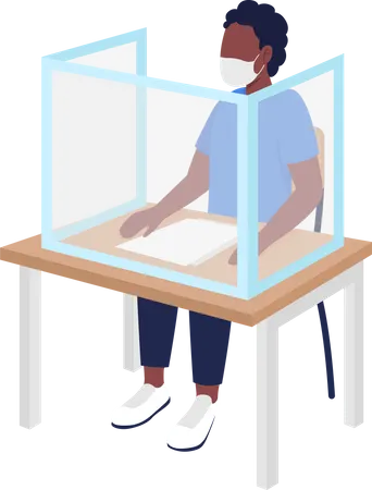 Pupil boy in mask at lesson semi flat color vector character  Illustration