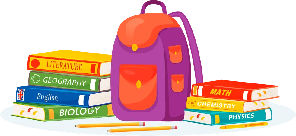 Pupil rucksack and textbooks  Illustration