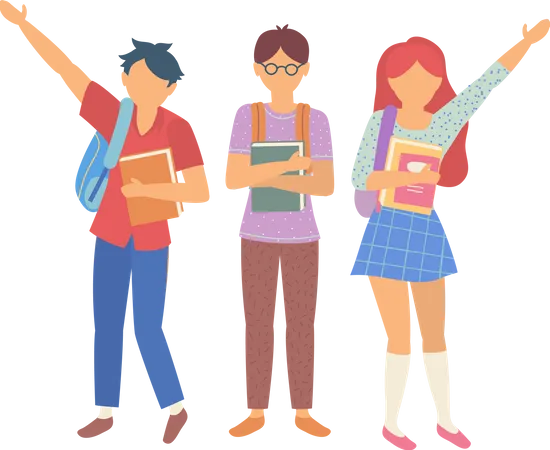 Pupils Holding Book And Backpack Back To School Teenagers Standing Together With Notebook Childhood And Education Group Of Students Kid Vector Back To School Concept Flat Cartoon Illustration