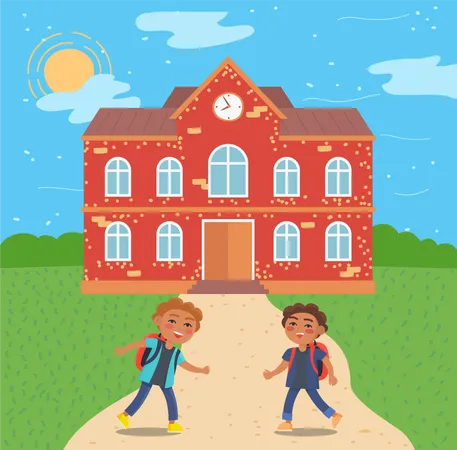 Pupils At School Building Exterior  Illustration