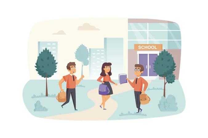 Pupils Go Back To School Scene Schoolgirl And Schoolboys With Schoolbags Rush To Lessons Primary Education Knowledge Day Studying Concept Vector Illustration Of People Characters In Flat Design Illustration