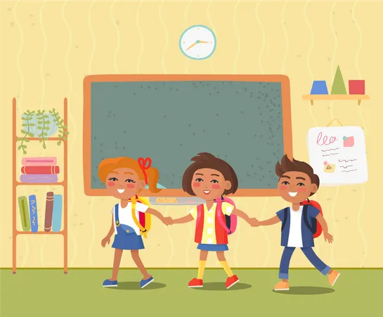 School Classroom With Kids Vector Boy And Girl Holding Hands Walking Home From Lessons Cheerful Students Children In Room With Blackboard And Shelves Back To School Concept Flat Cartoon Illustration