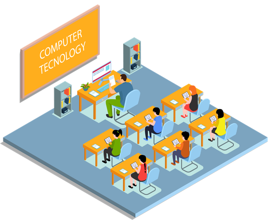 Pupils studying and working on tablet pc in modern classroom  Illustration
