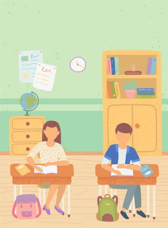 Studying Schoolboy And Schoolgirl In Classroom Vector Boy And Girl Writing In Textbooks Geography Lesson Globe On Shelf And Books Tables With Info Back To School Concept Flat Cartoon Illustration