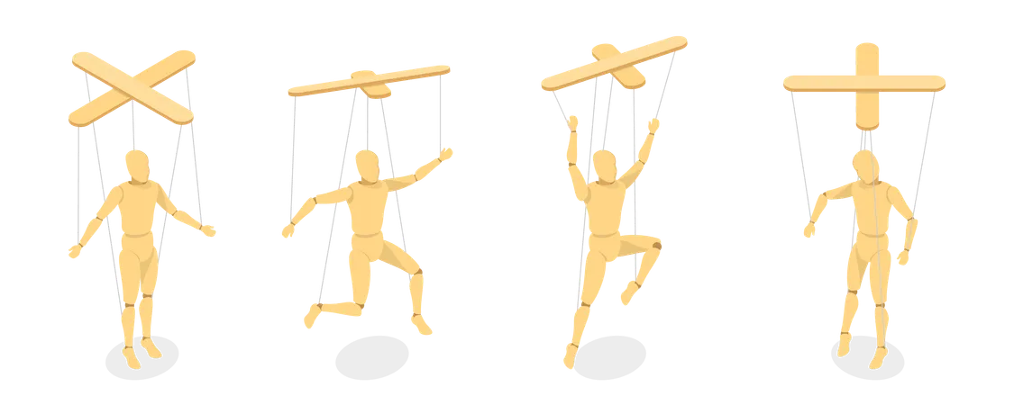 3 D Isometric Flat Vector Set Of Wooden Marionettes Puppet On Ropes Illustration