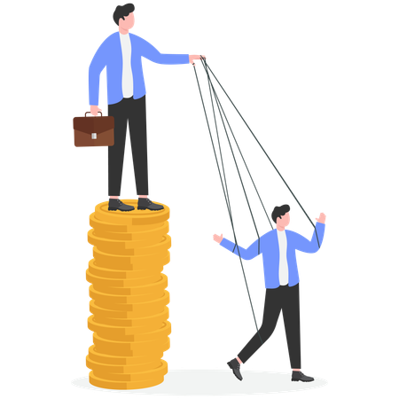 Puppeteer stands on pile of money while controlling businessman with strings  Illustration