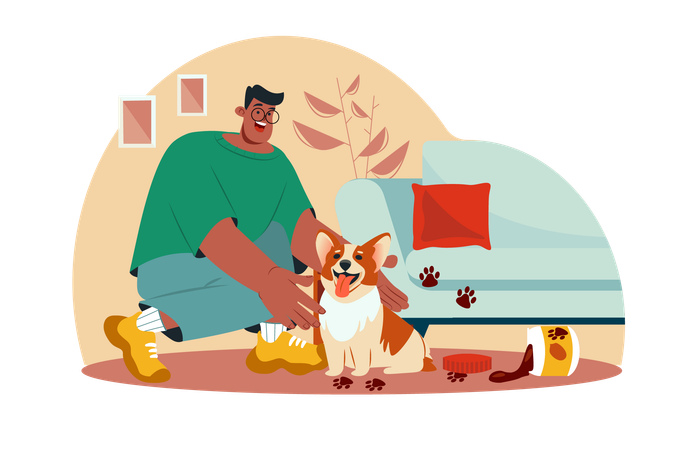 Puppy left its paw prints on the owner sofa  イラスト