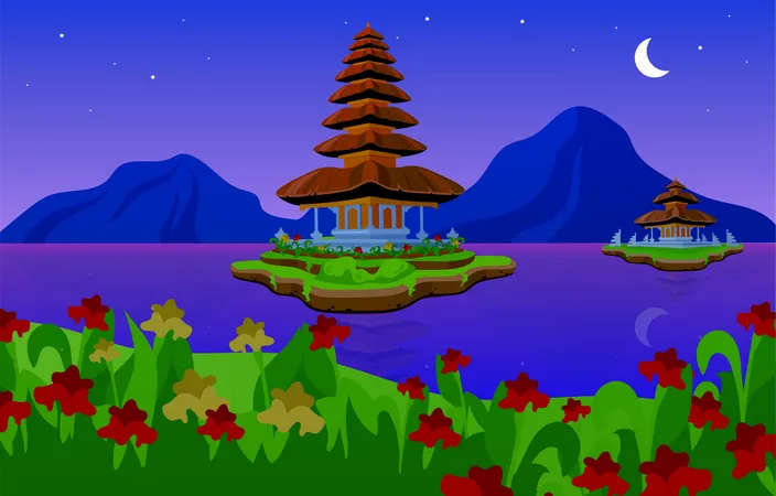Ilustracion De Vector Plano Pura Ulun Danu Bratan Templo Hindu Del Agua Shaivita En Bali Noche Complejo De Templos En Indonesia Edificio Religioso En El Lago Por La Noche Ilustración