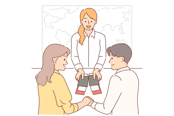 Purchase Of Travel Tickets By Young Married Couple Contacted Travel Agency To Organize Honeymoon Girl Agent Hands Out Passports With Visas To Happy People Going On Summer Vacation Illustration