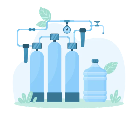 Purification System For Clean Water Production Vector Illustration Cartoon Automation Facility From Tanks And Pipeline Under Pressure For Water Treatment And Plastic Bottle For Storage And Delivery イラスト
