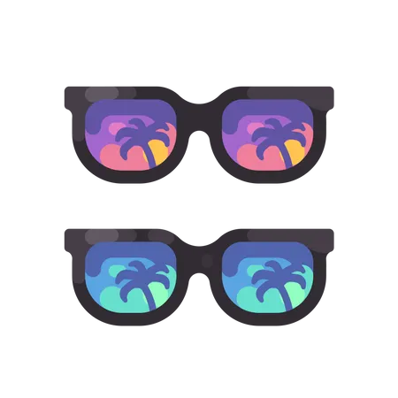 Purple and blue sunglasses with palm trees reflection  Illustration