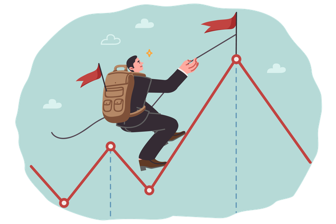 Purposeful business man achieves ambitious goal by climbing up to flag on growing financial graph  Illustration