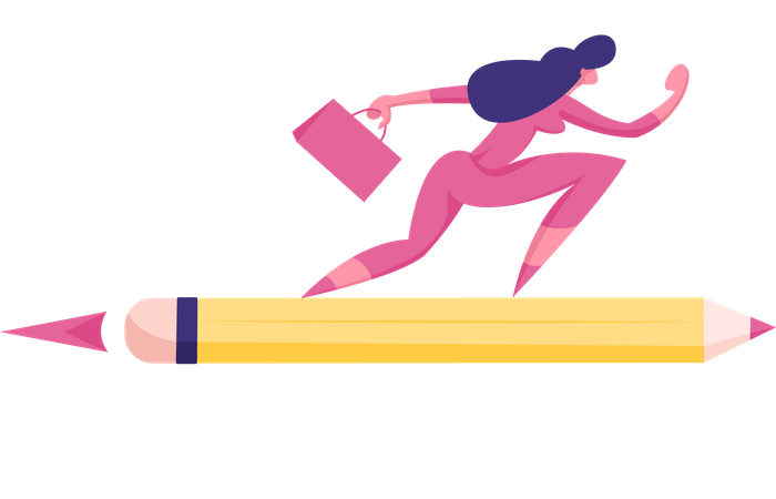 Purposeful Business Woman or Manager with Briefcase Flying on Pencil Rocket to Working Success and Goal Achievement. Girl Reach New Level of Development, Career Boost. Cartoon Flat Vector Illustration Illustration