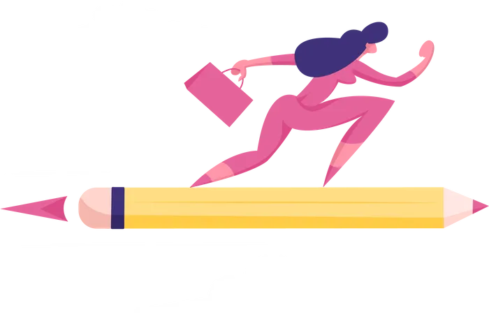 Purposeful Business Woman or Manager with Briefcase Flying on Pencil Rocket to Working Success and Goal Achievement. Girl Reach New Level of Development, Career Boost. Cartoon Flat Vector Illustration Illustration