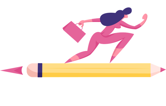 Purposeful Business Woman or Manager with Briefcase Flying on Pencil Rocket to Working Success and Goal Achievement. Girl Reach New Level of Development, Career Boost. Cartoon Flat Vector Illustration  Illustration